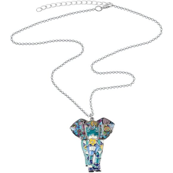 Women's Blue Jungle Safari Wild Enamel Pendant Lightweight Elephant Necklace - Picture 3 of 6